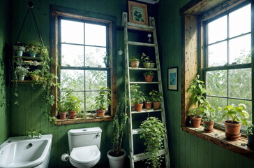 Fototapeta na wymiar The Overgrown Window Sill: A Bathroom Scene
