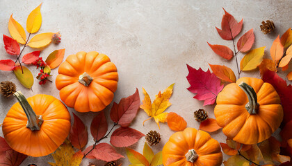 A warm and inviting fall background with orange pumpkins and colorful leaves