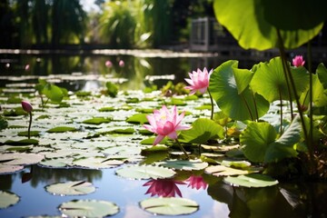 a tranquil pond with lotus flowers