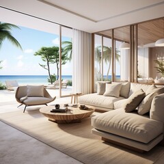 illustration of Photorealistic rendering of a living room in beach, Generative ai