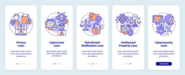 2D icons representing cyber law mobile app screen set. Walkthrough 5 steps colorful graphic instructions with thin line icons concept, UI, UX, GUI template.