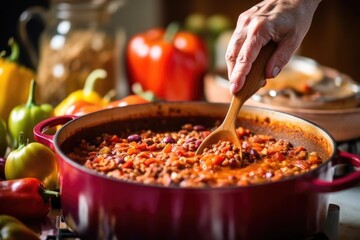hand stirring a pot of mexican chili