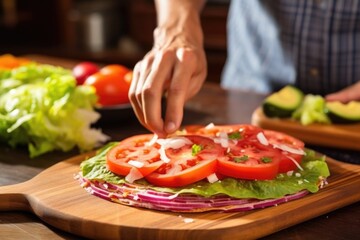 Obraz na płótnie Canvas placing a tomato slice on a tostada