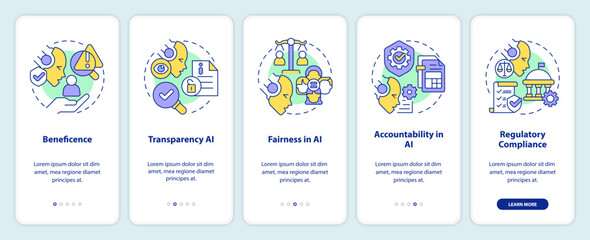 2D icons representing cyber law mobile app screen set. Walkthrough 5 steps colorful graphic instructions with line icons concept, UI, UX, GUI template.