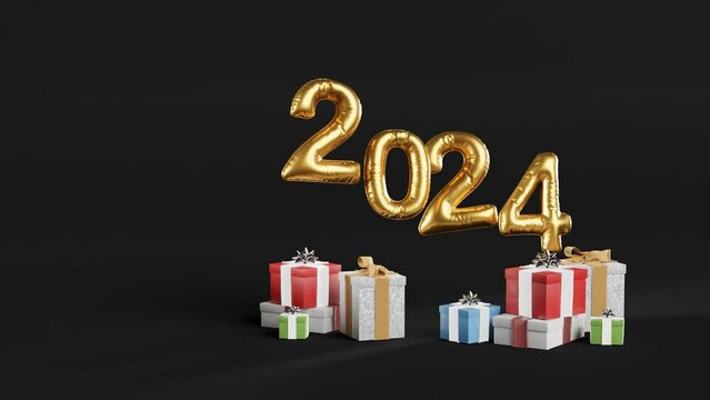 Celebrating 2024 with Golden Balloons and Gifts on black background