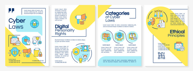Multicolor cyber law brochure template, leaflet design with thin linear icons, 4 vector layouts.