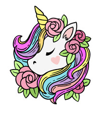 Illustration of cute white unicorn with rainbow mane and rose flowers. Vector print for kids book, print, greeting card, t-shirt