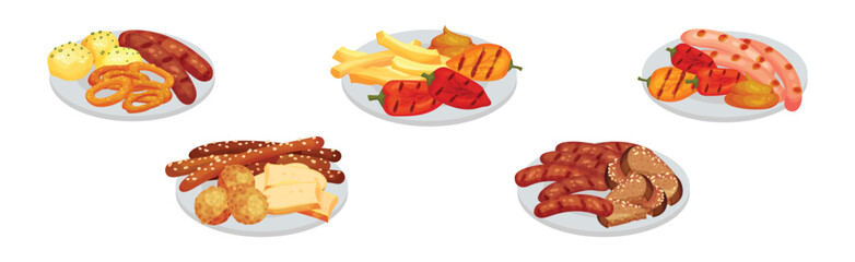 Different Snack and Crispy Appetizer on Plate Vector Set