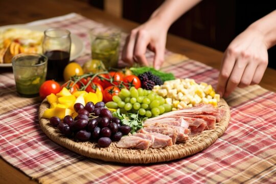 hand placing a plate of nicoise salad on a raffia placemat