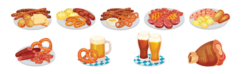 Different Snack and Crispy Appetizer on Plate Vector Set