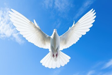 a white dove flying alone in bright blue skies