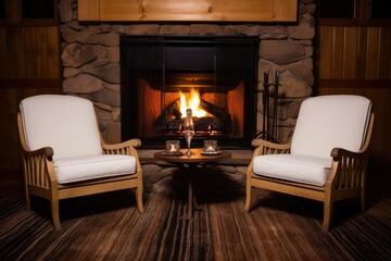Fototapeta premium two chairs facing each other near a fireplace