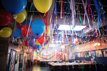 balloons and streamers hanging from ceiling - obrazy, fototapety, plakaty