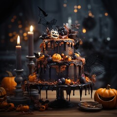 illustration of Stylish and beautiful Halloween cake on table photog, Generative ai - obrazy, fototapety, plakaty