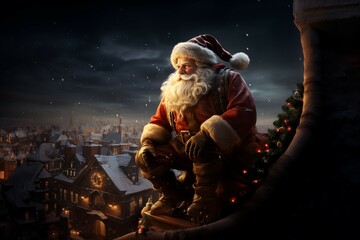Santa Claus sitting on a rooftop in the night. Christmas - New Year holidays. Generative Ai - obrazy, fototapety, plakaty