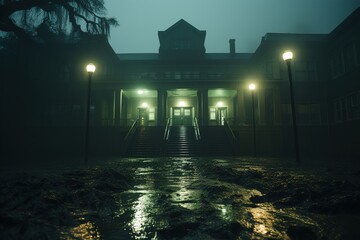 Abandoned fog covered asylum with ghostly