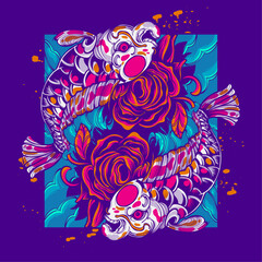 twin koi fish with flowers artwork illustration