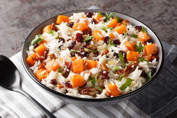 Fragrant rice with sweet potatoes, pecans, onions and dried cranberries close-up in a bowl on the...