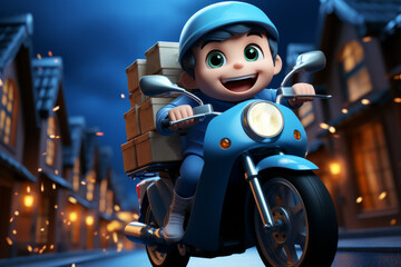 Playful cartoon character zooming on a motorbike with an order, evoking a sense of speed and efficiency in delivery services, Generative AI
