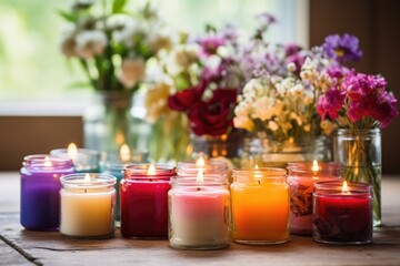 Fototapeta na wymiar scented candles in glass jars arrayed across a table