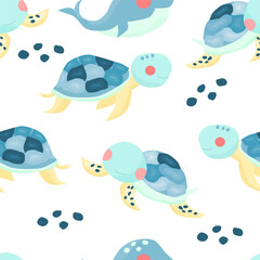 Cute Turtle and Whale Seamless Pattern