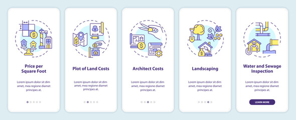2D icons representing construction cost mobile app screen set. Walkthrough 5 steps multicolor graphic instructions with linear icons concept, UI, UX, GUI template.