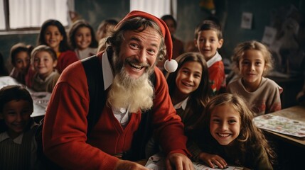 Teacher smiles with a Santa Claus hat in class surrounded by students while joking about the scene