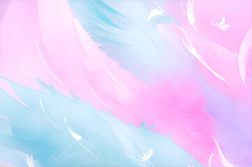 Fototapeta na wymiar This image shows a close-up of pink and blue feathers on a pastel background. The feathers are soft and delicate