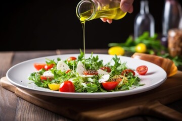 of the final touch, a hand drizzling olive oil on salad