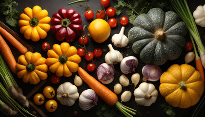 The natural freshness of a variety of vegetables like tomatoes, pumpkins, onions, garlic, carrots, and cauliflower