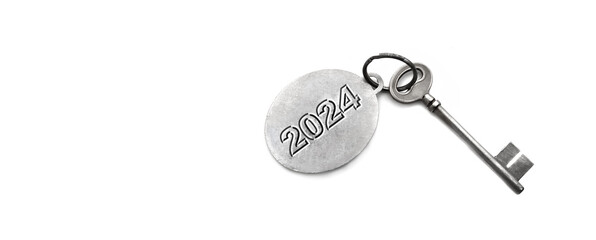 2024  engraved on a ring of an old steel ey isolated on white background