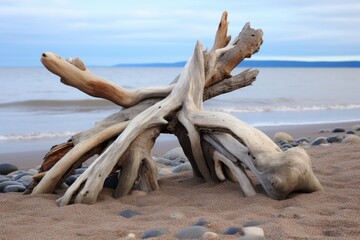 three intertwined pieces of driftwood on a beach setting - obrazy, fototapety, plakaty