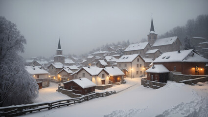 Snowy village during a blizzard, A picturesque village covered in snow, with charming houses and a small church, showcases the village during a blizzard, with snowflakes swirling through the air, gene
