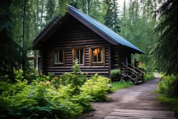 Fototapeta na wymiar rustic wooden cabin exterior in a forest
