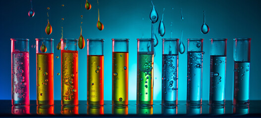 a science laboratory with a row of test tubes colorful chemicals