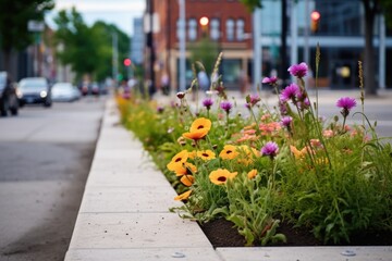 flower bed in the middle of concrete sidewalk in a city