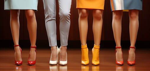An elegant line-up of women's legs adorned in vibrant dresses and an array of stylish heels, set against a polished wooden floor