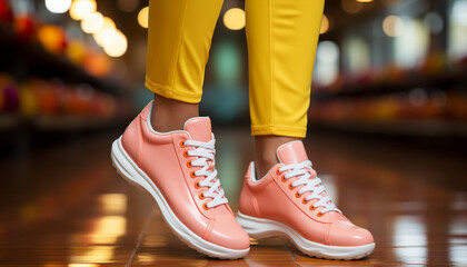 Close-up of pink sneakers paired with mustard-colored trousers, set against a vibrant cityscape with gleaming lights