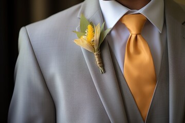 a grooms boutonniere pinned to his suit jacket - obrazy, fototapety, plakaty
