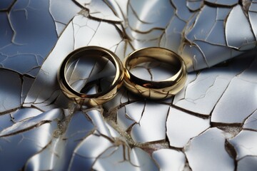 cracked wedding rings on a white satin pillow