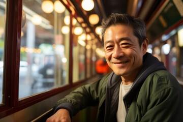 Portrait of a smiling asian man in a train station. - obrazy, fototapety, plakaty