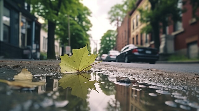 Leaves on the streets, and the sky is reflected in the water