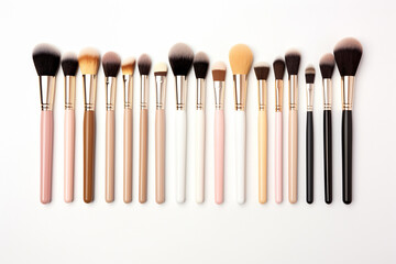 Makeup brushes arranged on white background