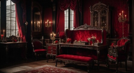 The Velvet Abyss: A Vampire's Lair Adorned in Red and Antiques 