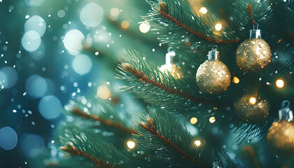 Close-up view of a Christmas tree creating a festive backdrop - obrazy, fototapety, plakaty