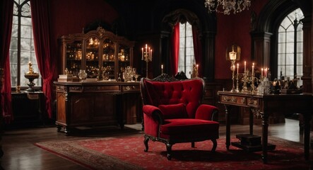 Fototapeta na wymiar Haunted Luxury: A Vampire's Lair Complete with Red Velvet and Antiques 