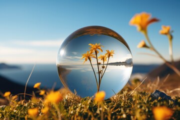 Transparent glass ball on the background of a beautiful landscape with yellow flowers and the sea
