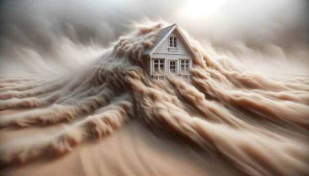 An image of a house caught in a sandstorm, becoming obscured by the swirling sands  - Generative AI