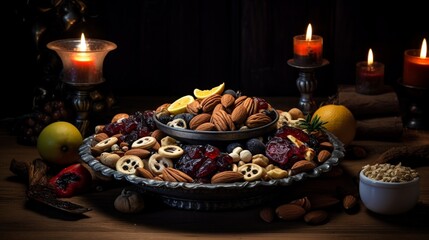 A bowl of traditional Christmas fruits and nuts, illuminated by candlelight.