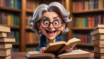 Aged Woman's Literary Delight: A Humorous teacher Toon. - obrazy, fototapety, plakaty